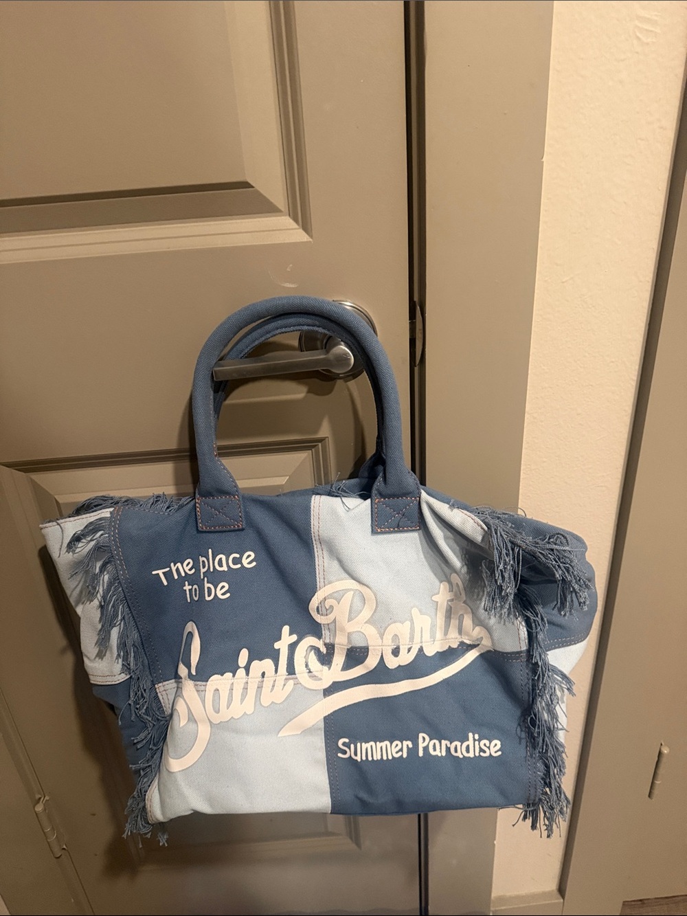 Two-Tone Blue Fringe Canvas Tote